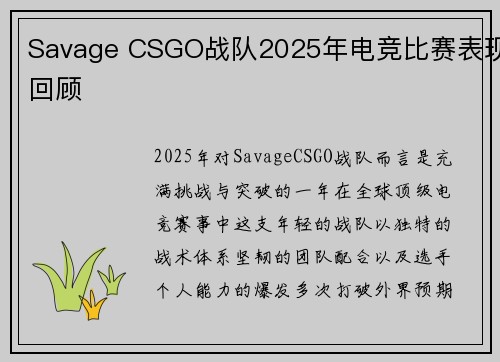 Savage CSGO战队2025年电竞比赛表现回顾